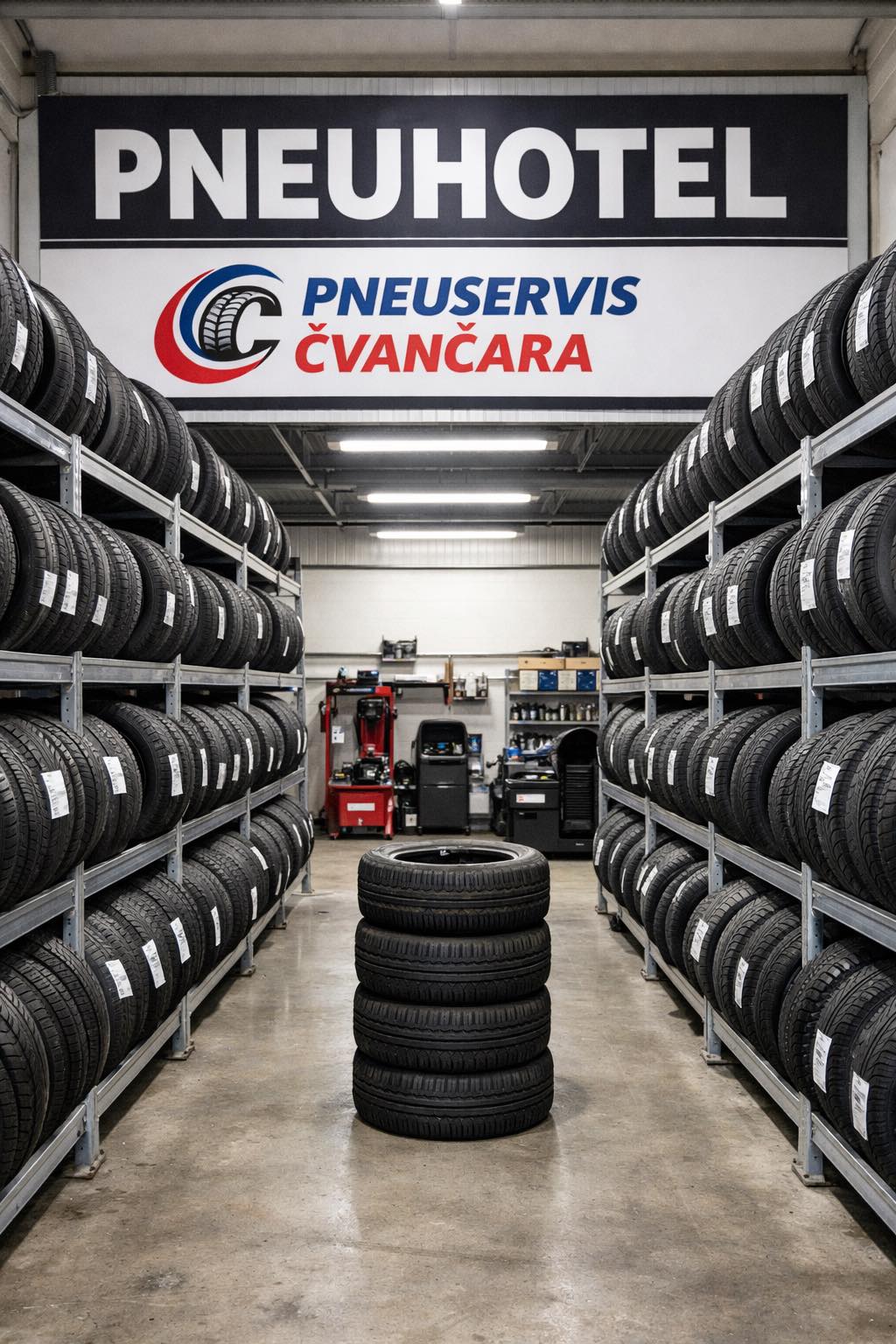 Pneuhotel Pneuservis Čvančara — pneumatiky úhledně srovnané v regálech